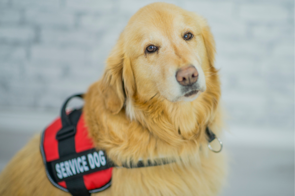 Golden retriever service dog wearing a vest